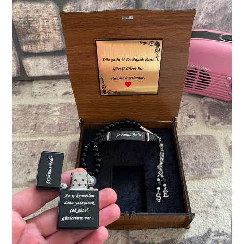 Ahşap Kutulu Deri Bileklikli Çakmak Tespih Set