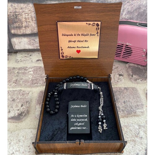 Ahşap Kutulu Deri Bileklikli Çakmak Tespih Set