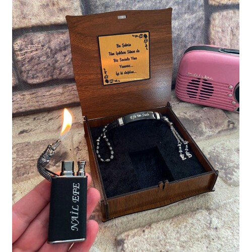 Ahşap Kutulu Deri Bileklikli Timsah Çakmak  Tespih Set