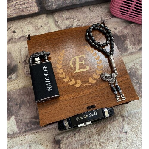 Ahşap Kutulu Deri Bileklikli Timsah Çakmak  Tespih Set