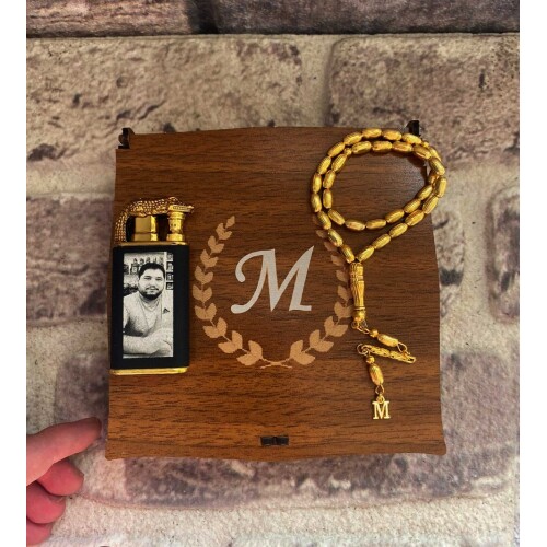 Ahşap Kutulu Resimli Timsah Model Çakmak ve Altın Suyu Kaplama Metal  Tespih