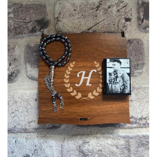 Ahşap Kutulu Resimli Gizli Bölmeli Çakmak ve Hematit Doğal Taş Tespih