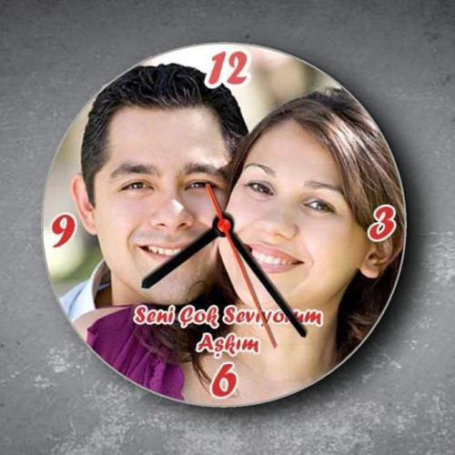 Fotoğraf ve Mesajlı Ahşap Duvar Saati - 27 cm