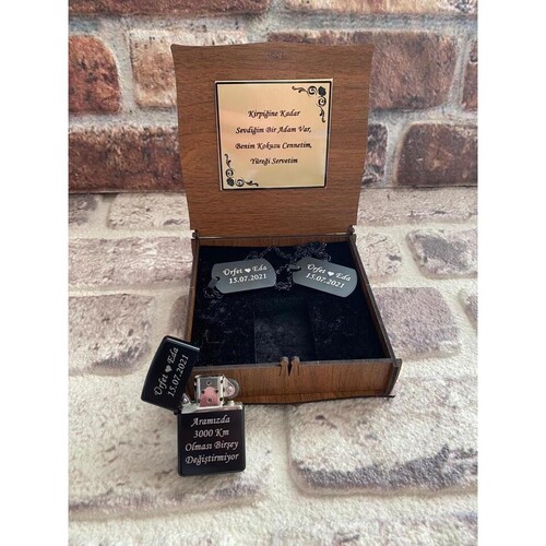 Kişiye Özel Ahşap Kutulu Çakmak ve 2li Künye Seti