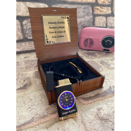 Kişiye Özel Ahşap Kutulu Saatli Çakmak ve Şık Tespih Seti