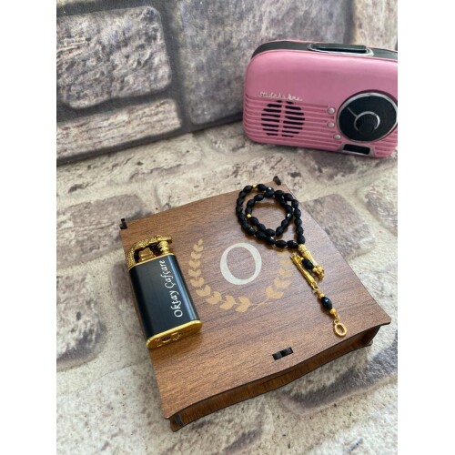 Kişiye Özel Ahşap Kutulu Timsah Çakmak ve Şık Tespih Seti