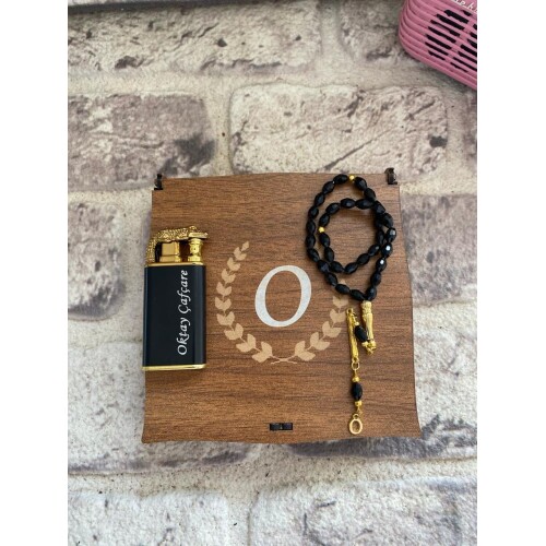 Kişiye Özel Ahşap Kutulu Timsah Çakmak ve Şık Tespih Seti