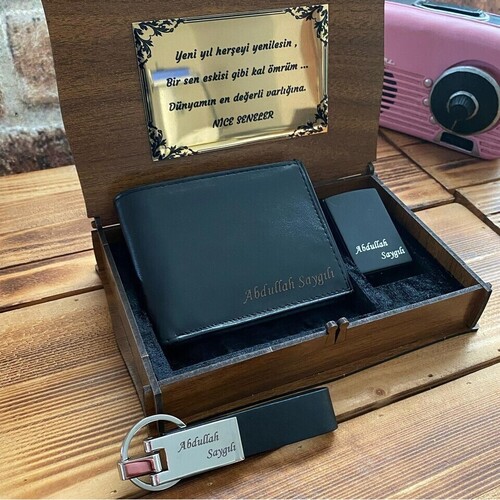 Kişiye Özel Deri Cüzdan, Anahtarlık ve Çakmak Seti