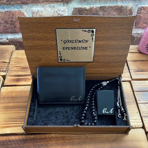 Kişiye Özel Gizli Bölmeli Çakmak, Deri Cüzdan ve Tesbih Seti