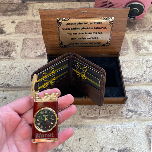 Kişiye Özel Kahverengi Cüzdan ve Çakmak Seti