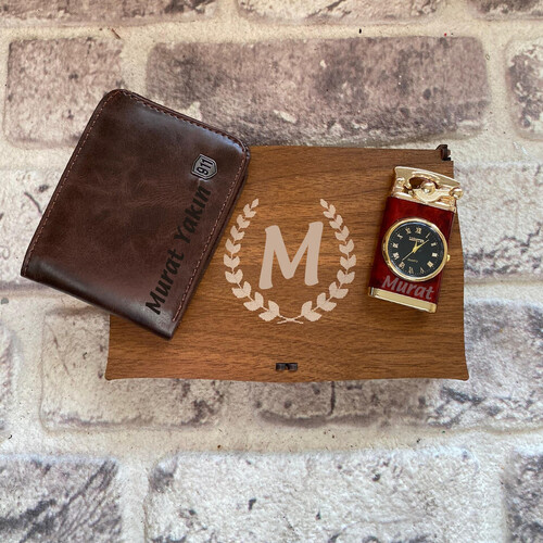 Kişiye Özel Kahverengi Cüzdan ve Çakmak Seti