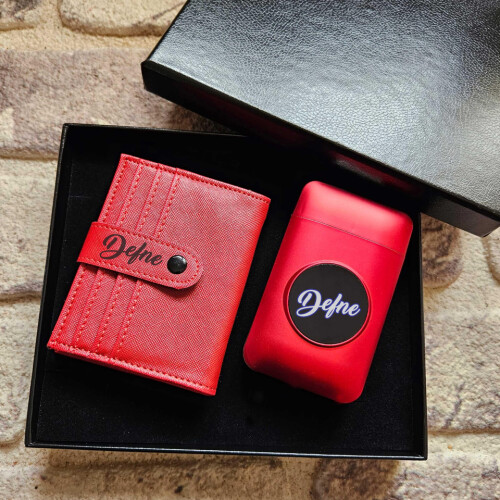 Kişiye Özel Kırmızı Cüzdan ve Elektronik Çakmaklı Sigara Kutusu