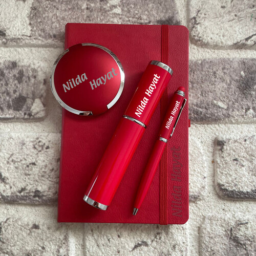 Kişiye Özel Kırmızı Hediye Seti Defter - Kalem - Ayna