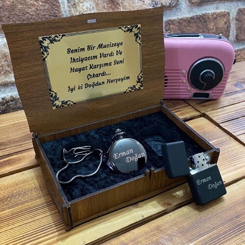 Kişiye Özel Köstekli Saat ve Çakmak Seti