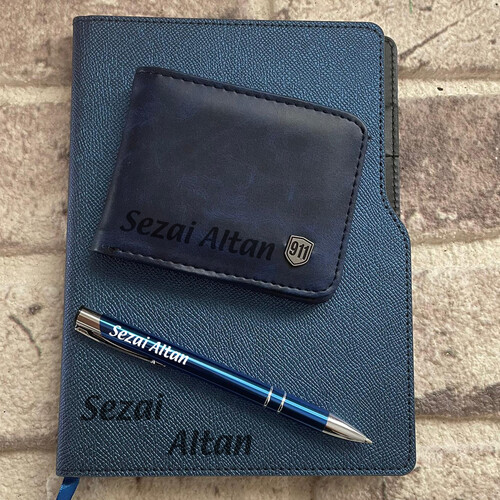 Kişiye Özel Mavi Cüzdan Defter ve Kalem Seti