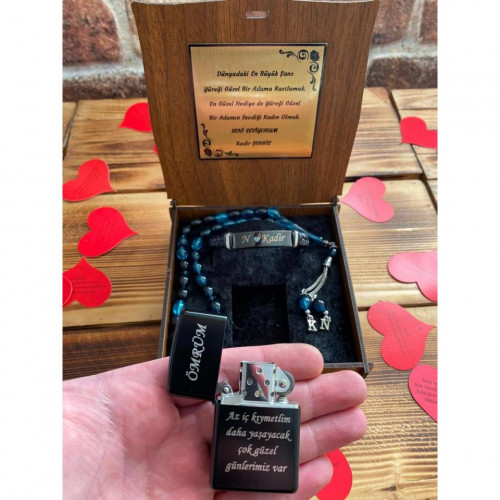 Kişiye Özel Metal Çakmak, Tespih ve Bileklik Seti - Fotoğraflı