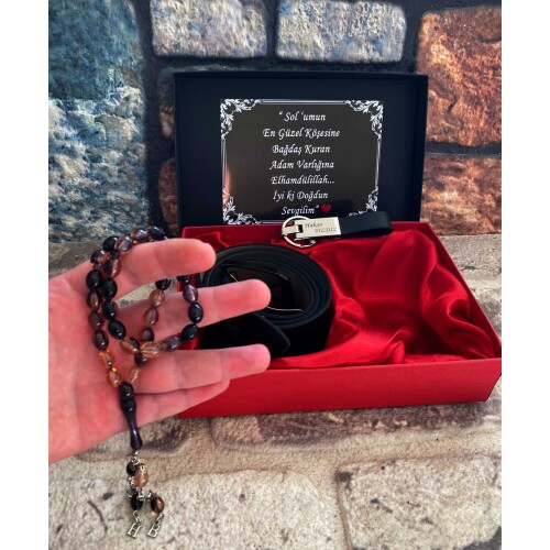 Kişiye Özel Set Kemer , Anahtarlık , Sıkma Kehribar Tespih