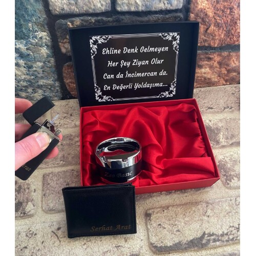 Kişiye Özel Set Kutusunda Cüzdan , Gazlı Çakmak , Metal Küllük