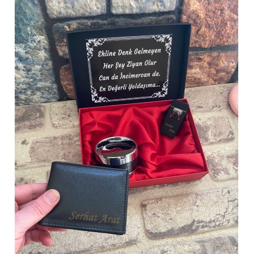Kişiye Özel Set Kutusunda Cüzdan , Gazlı Çakmak , Metal Küllük