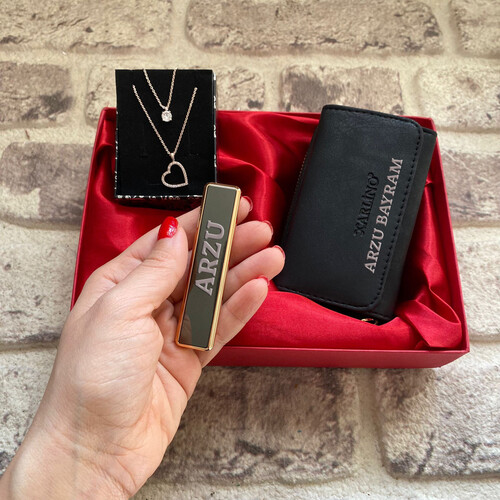 Kişiye Özel Şık Hediye Seti Kolye - Elektronik Çakmak ve Cüzdan