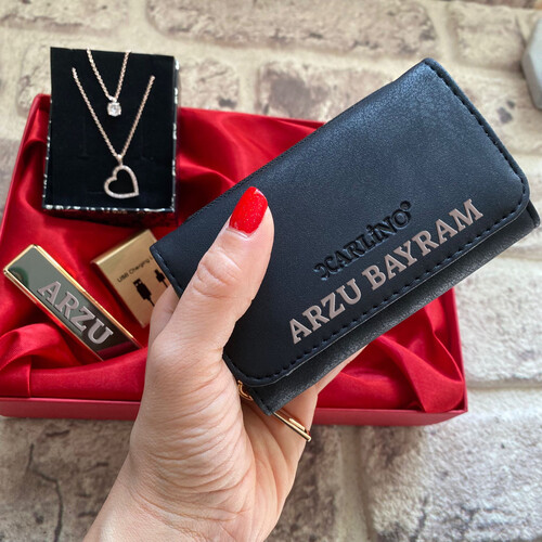 Kişiye Özel Şık Hediye Seti Kolye - Elektronik Çakmak ve Cüzdan