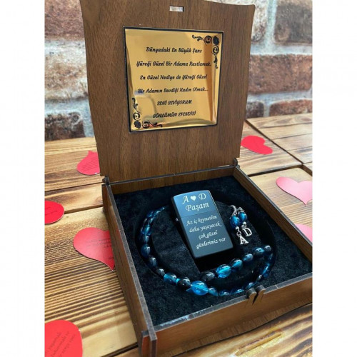 Kişiye Özel Tespih Çakmak Seti - Mavi Tespih