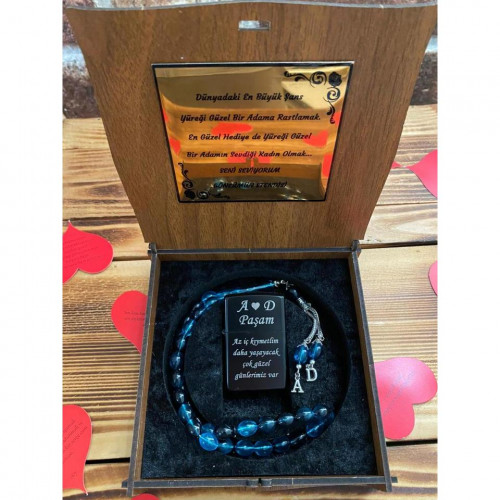 Kişiye Özel Tespih Çakmak Seti - Mavi Tespih