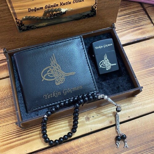 Kişiye Özel Tuğralı Hediye Seti ( Çakmak, Tespih ve Cüzdan)