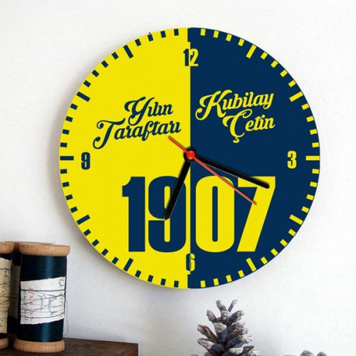 Kişiye Özel Yılın Taraftarı Ahşap Duvar Saati -  Sarı Lacivert