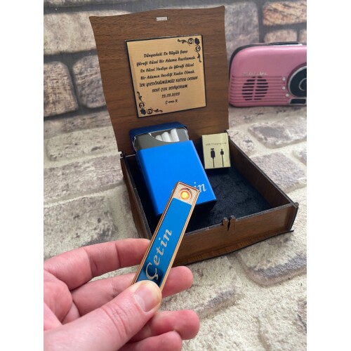 Usb Şarjlı Çakmak ve Sigara Kutusu Mavi Renk