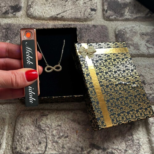 Usb Şarjlı Çakmak Zirkon Taş Sonsuzluk Kolye Gold Renk