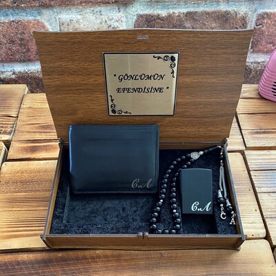 Kişiye Özel Gizli Bölmeli Çakmak, Deri Cüzdan ve Tesbih Seti