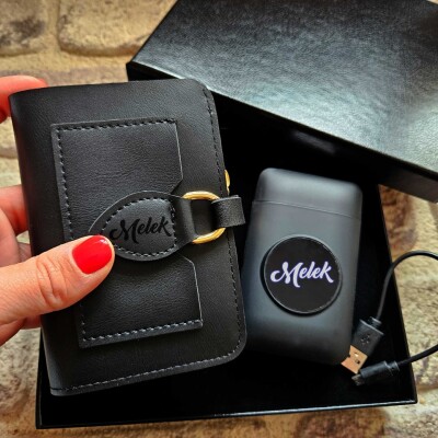 Kişiye Özel Siyah Kadın Cüzdan ve Elektronik Çakmaklı Sigara Kutusu