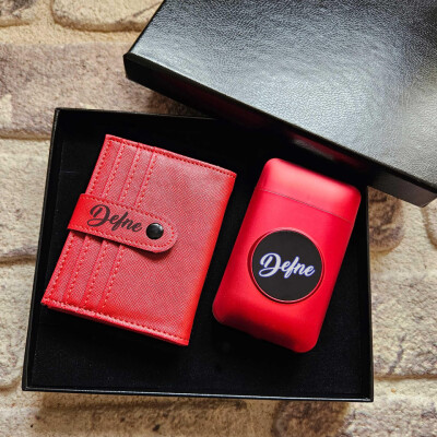 Kişiye Özel Kırmızı Cüzdan ve Elektronik Çakmaklı Sigara Kutusu