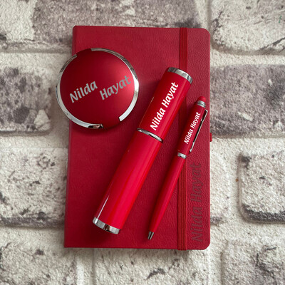 Kişiye Özel Kırmızı Hediye Seti Defter - Kalem - Ayna