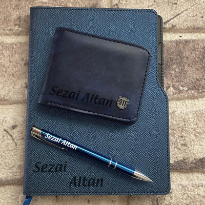 Kişiye Özel Mavi Cüzdan Defter ve Kalem Seti