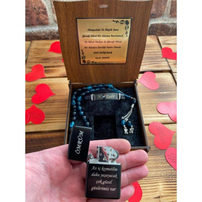 Kişiye Özel Metal Çakmak, Tespih ve Bileklik Seti - Fotoğraflı