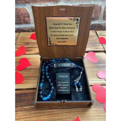 Kişiye Özel Metal Çakmak, Tespih ve Bileklik Seti - Mavi