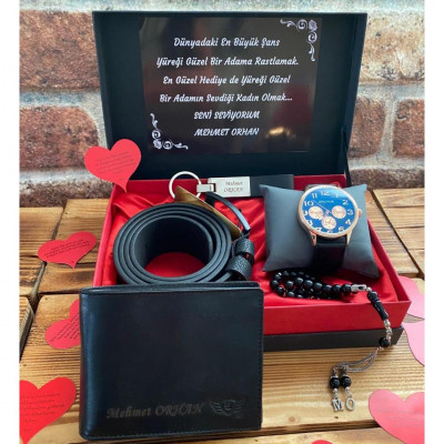 Kişiye Özel Premium Hediye Seti ( Tespih, Anahtarlık, Cüzdan, Kemer, Saat)