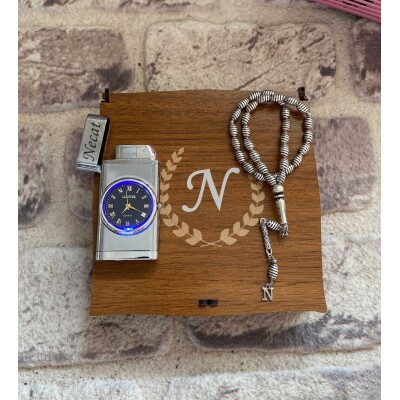 Kişiye Özel Saatli Metal Çakmak Ve Gümüş Suyu Kaplama Metal  Tesbih