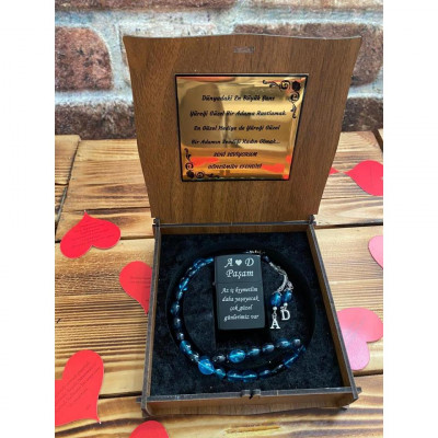 Kişiye Özel Tespih Çakmak Seti - Mavi Tespih