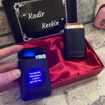 Lüks Set Kutulu Mekanizmalı Kartlık Cüzdan ve Usb Şarjlı Çakmaklı Sigara Tabakası