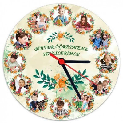 Öğretmene Hediye - 12 Fotoğraflı Ahşap Duvar Saati  27cm