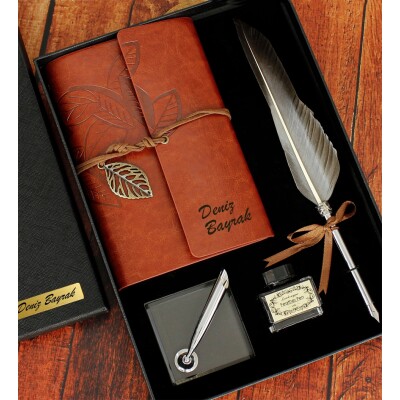 Tüylü Kaligrafi Kalem ve Kişiye Özel Defter Seti